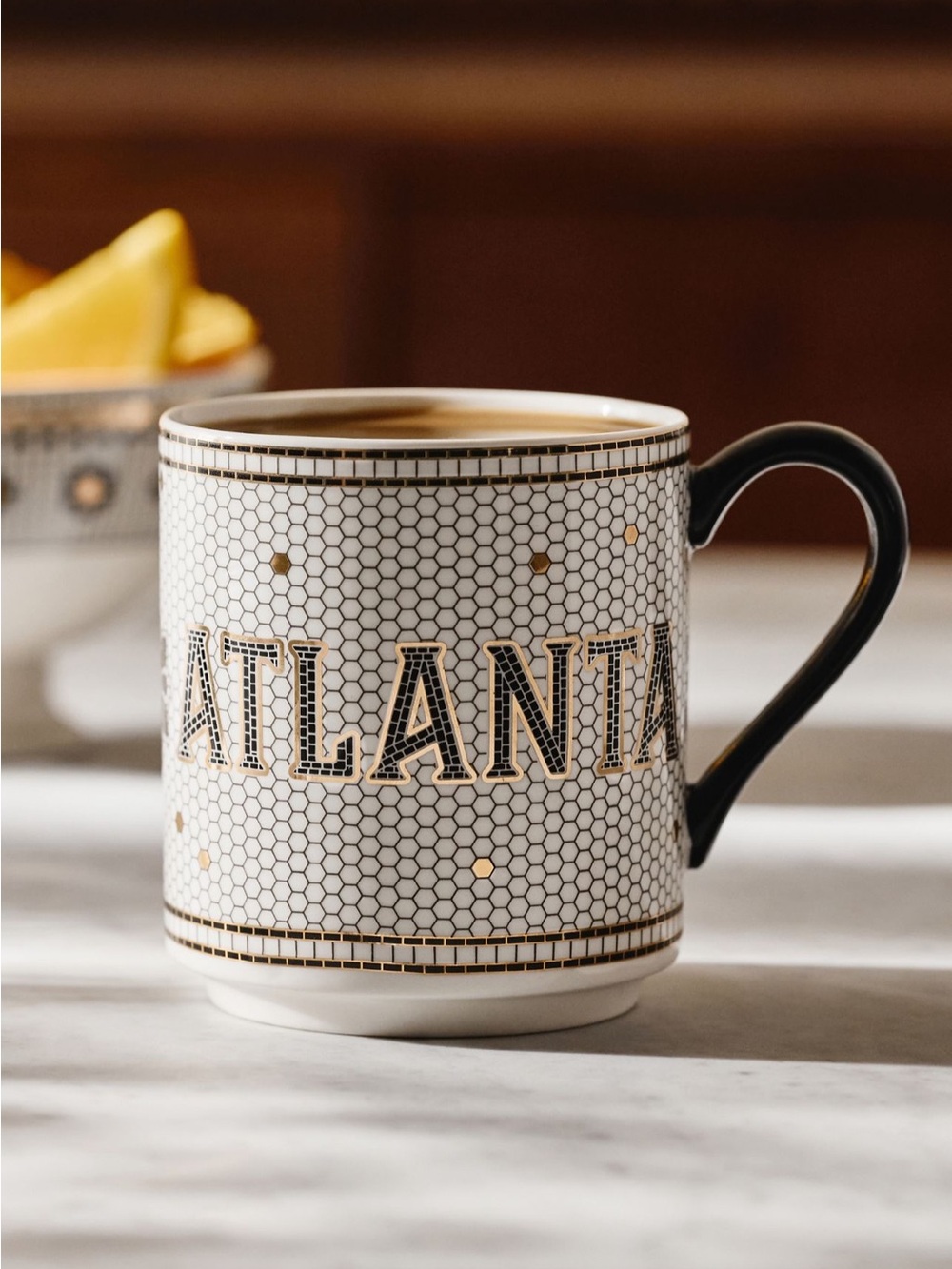 Anthropologie Bistro Tile Stoneware 24k Gold Accent Jetsetter Mug